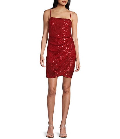 Honey and Rosie Square Neck Pleated Side Sequin Dress