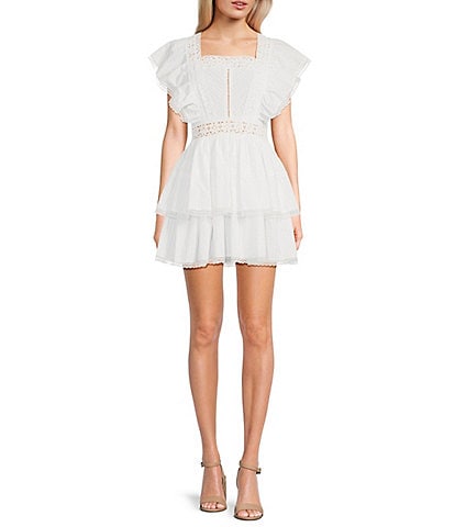 Lace Square Neck Short Flutter Sleeve Tiered Mini Dress