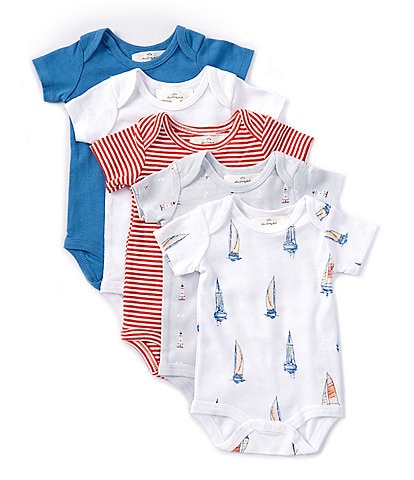 Starting Out Baby Boys Newborn-9 Months Round Neck Short Sleeve Knit Sailboat 5-Pack Bodysuit Set