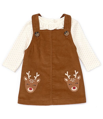 Starting Out Baby Girls 3-24 Months Ruffle Neck Long Sleeve Polka-Dot T-Shirt Reindeer Corduroy Pinafore Jumper 2-Piece Set