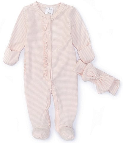 Starting Out Baby Girls Stripe Preemie-9 Months Long Sleeve Ruffle Footed Coverall & Matching Bow Headband Set