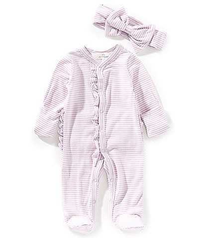 Starting Out Baby Girls Preemie-9 Months Stripe Long Sleeve Ruffle Footie Coverall & Matching Bow Headband Set