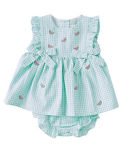 Starting Out Button Baby Girl 3-24 Months Checked Sleeveless Ruffle Watermelon Bow Dress Set