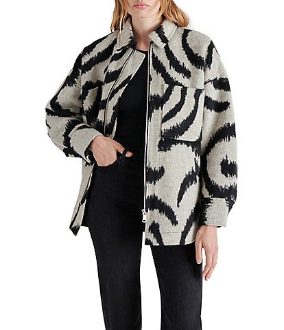 Steve Madden Abstract Sorrel Jacquard Printed Point Collar Neck Long Sleeve Zip Front Jacket