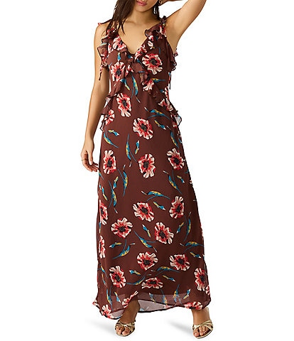 Steve Madden Adalina Floral Print Textured Chiffon V-Neck Ruffle Maxi Dress