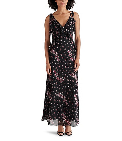 Steve Madden Adalina Floral V Neck Sleeveless Tie Strap Ruffle Maxi Dress