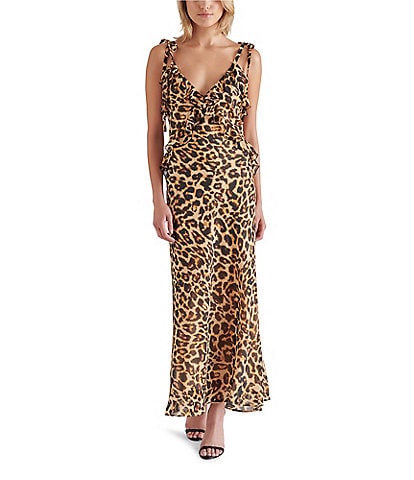 Steve Madden Adalina Leopard V Neck Sleeveless Tie Strap Ruffle Maxi Dress