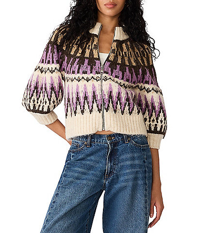 Steve Madden Adley Fair Isle Mock Neck Puff Sleeve Zip Front Sweater