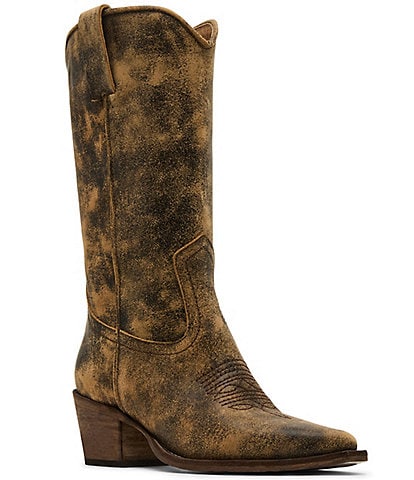 Steve Madden Albany Distressed Leather Western Block Heel Mid Boots