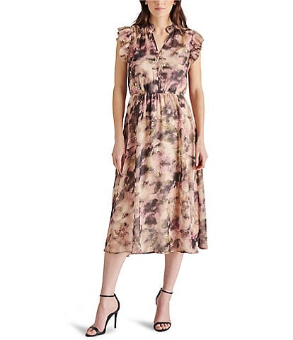 Steve Madden Allegra Chiffon Abstract Floral Print Split V Neck Sleeveless Midi Dress