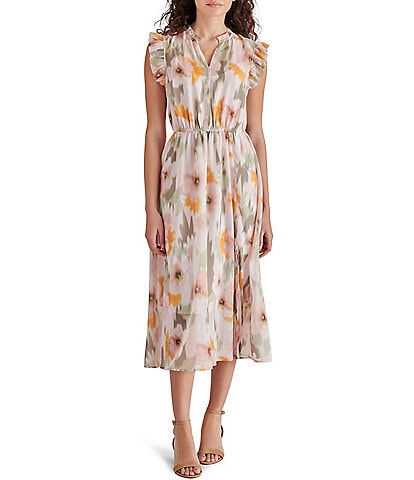 Steve Madden Allegra Floral Print Ruffle Split Neck Sleeveless Midi Dress