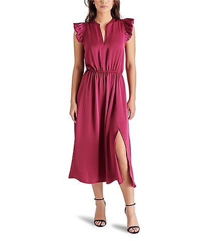 Steve Madden Allegra Split V Neck Ruffle Sleeveless Midi Dress