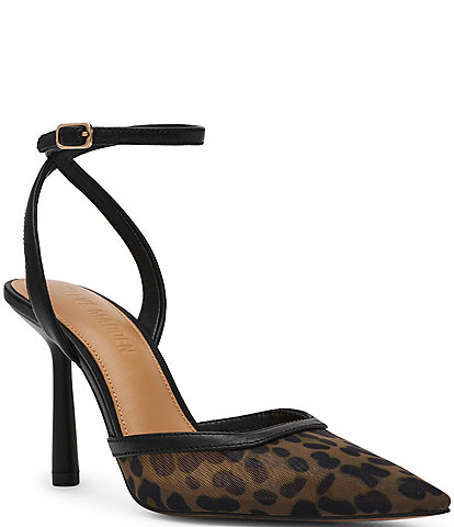 Steve Madden Alliance-M Leopard Mesh Ankle Strap Pointed Toe Pumps