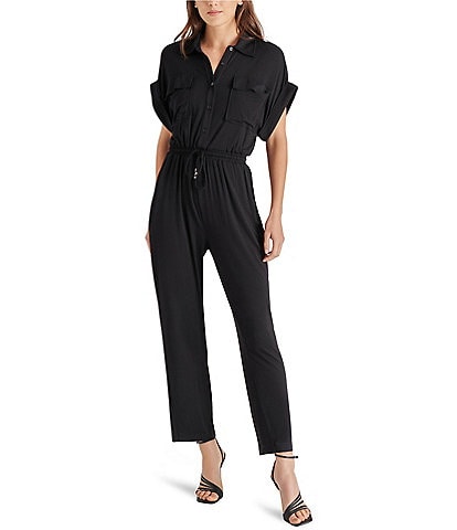 nsendm Women Short Sleeve Jumpsuit Women's Short Sleeve Collared Cropped  Coverall Button Down Tie Waist Overlay Suit Women Pants Black Small 