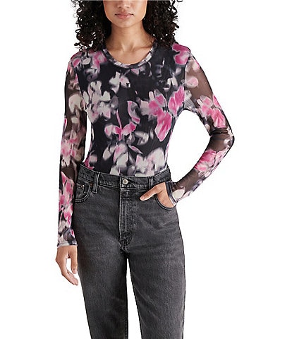 Steve Madden Azure Mesh Floral Print Crew Neck Long Sleeve Bodysuit