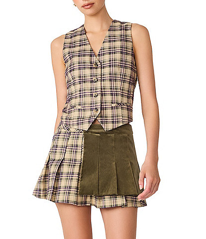 Steve Madden Barret Plaid Mixed Media V-Neck Sleeveless Button Front Vest