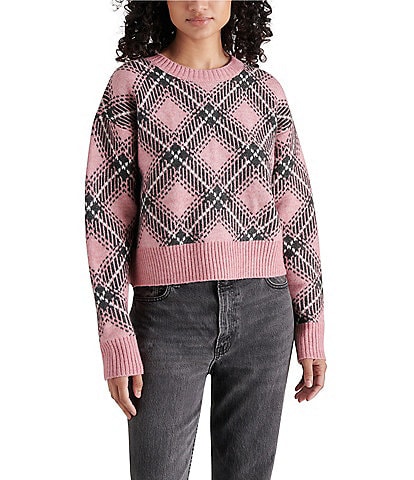 Steve Madden Becka Jacquard Plaid Crew Neck Long Sleeve Sweater