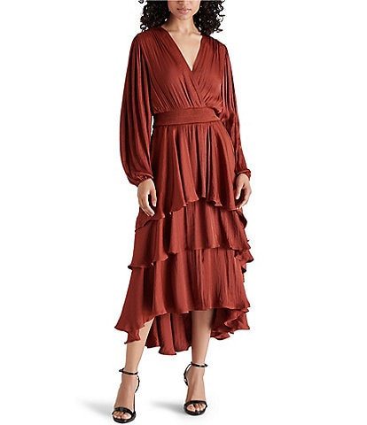 Steve Madden Bei Washed Satin V Neck Long Sleeve Tiered Midi Dress