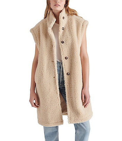 Steve Madden Benit Sherpa Round Neck Button Front Oversized Vest