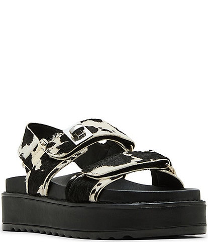Steve Madden BigMona-C Cow Print Haircalf Turnlock Detail Platform Sandals