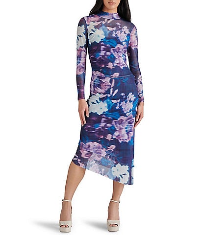 Steve Madden Blare Mesh Floral Print Mock Neck Long Sleeve Bodycon Midi Dress