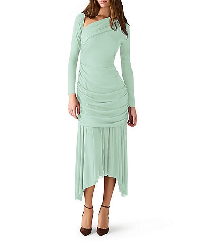 Steve Madden Brioni Asymmetrical Neck Long Sleeve Mesh Midi Dress