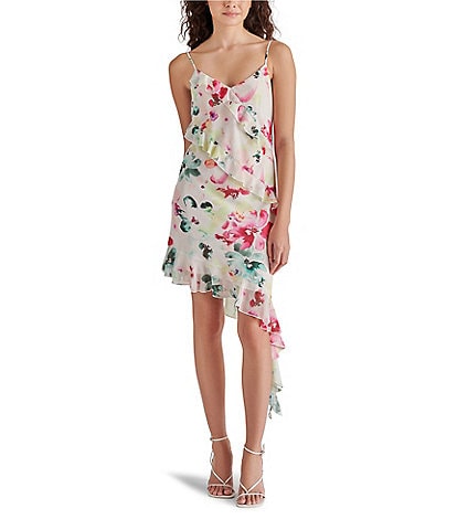 Steve Madden Carmenita Floral Print V Neck Sleeveless Ruffle Dress