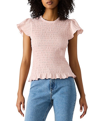 Steve Madden Cecilie Crew Neck Short Sleeve Smocked Peplum Top