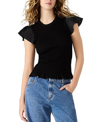 Steve Madden Cecilie Crew Neck Short Sleeve Smocked Peplum Top