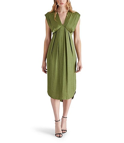 Steve Madden Clarissa Satin V Neck Short Sleeve Pleated Midi Dress