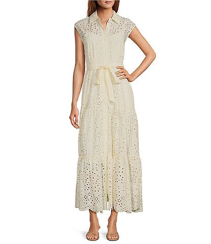 Steve Madden Clover Eyelet Point Collar Neck Sleeveless Waist Tie Button Front Shirt Maxi Dress