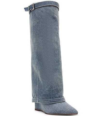 Steve Madden Corenne Denim Foldover Buckle Strap Tall Wedge Boots