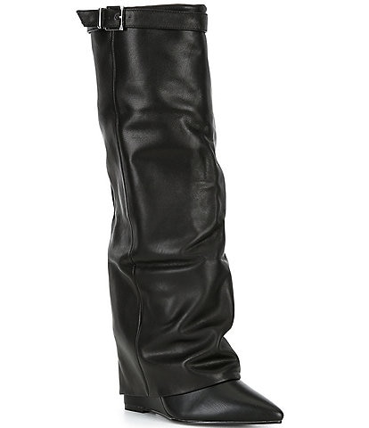Steve Madden Corenne Leather Foldover Buckle Strap Tall Wedge Boots