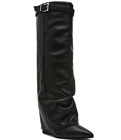 Steve Madden Corenne Leather Foldover Buckle Strap Tall Wedge Boots