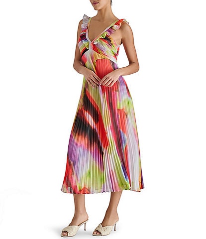 Steve Madden Cova Abstract Print Ruffle Sleeve A-Line Midi Dress