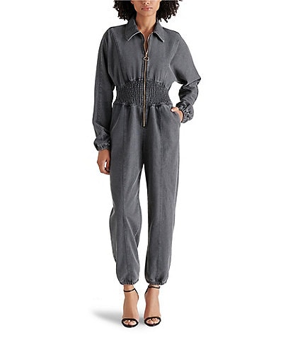 Steve Madden Coya Denim Collared Neck Long Sleeve Zip Front Jumpsuit