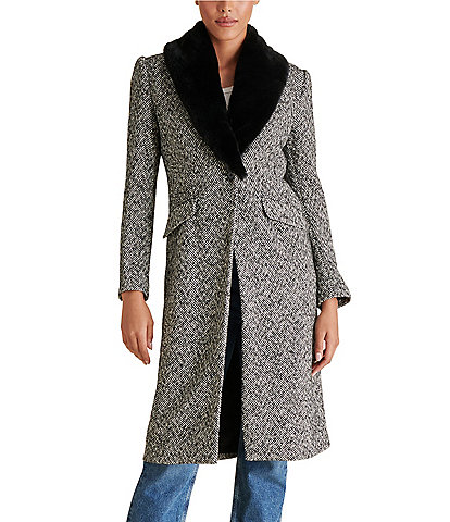 Steve Madden Dienne Tweed Herringbone Notch Collar Neck Long Sleeve Detachable Faux Fur Collar Button Front Coat