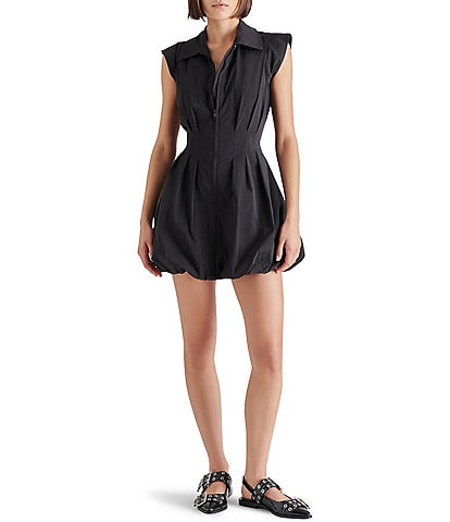 Steve Madden Dyanne Point Collar Neck Cap Sleeve Zip Front Bubble Hem Mini Dress