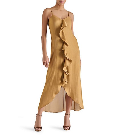 Steve Madden Elana Satin Sweetheart Neck Sleeveless Tulip Ruffle Slip Dress