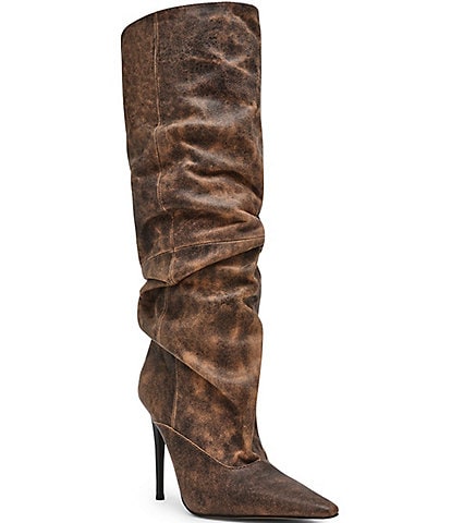 Steve Madden Elona Distressed Leather Scrunch Knee High Pointed Toe Boots