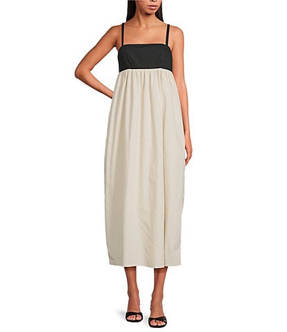 Steve Madden Emmaline Poplin Colorblock Square Neck Empire Waist Midi Dress