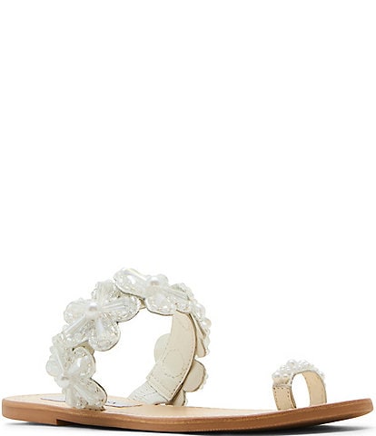 Steve Madden Emmey Leather Beaded Flower Toe Loop Flat Sandals