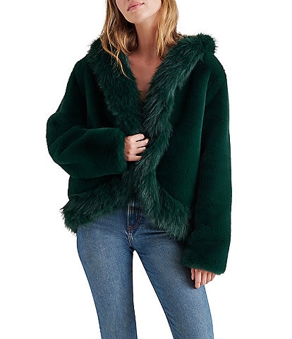 Steve Madden Everfrost Faux Fur Shawl Collar Neck Long Sleeve Hooded Oversized Jacket