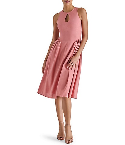 Steve Madden Everleigh Linen Blend Halter Neck Sleeveless Keyhole A-Line Midi Dress