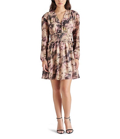 Steve Madden Fiora Chiffon Abstract Floral Print V Neck Long Sleeve Mini Dress