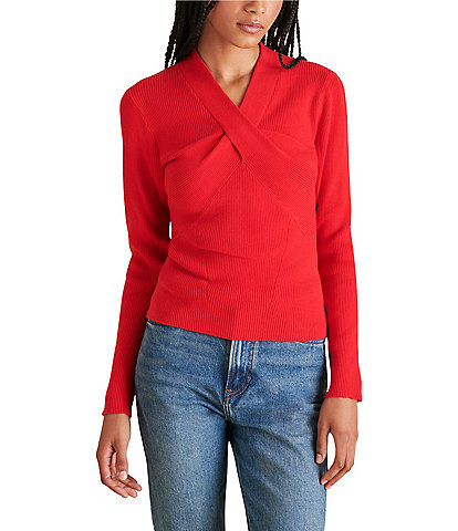 Steve Madden Francesco Rib Knit V-Neck Long Sleeve Front Twist Sweater