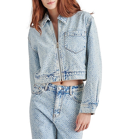 Steve Madden Glacia Denim Notch Collar Neck Long Sleeve Rhinestone Cropped Jacket