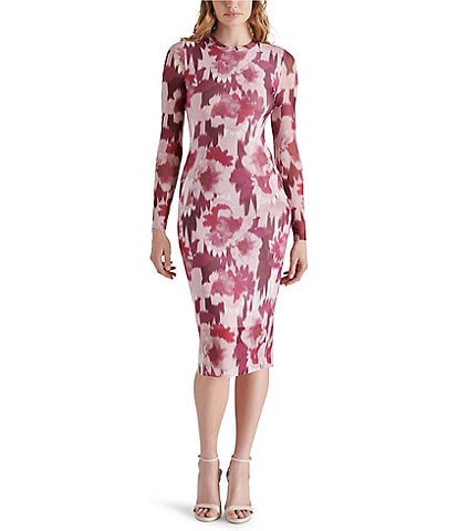 Steve Madden Hailee Floral Printed Mesh Crew Neck Long Sleeve Dress