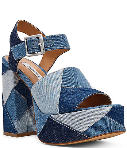 Steve Madden Halea Denim Patchwork Block Heel Platform Sandals