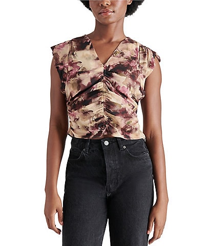 Steve Madden Honey Floral Print V Neck Sleeveless Ruched Top